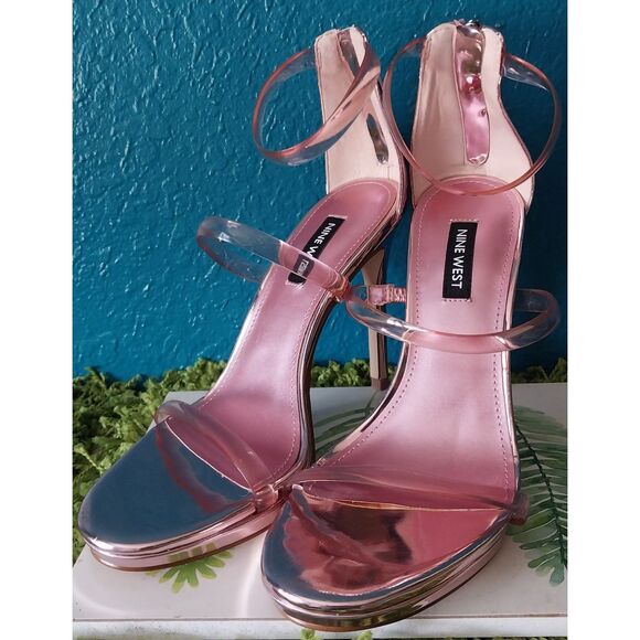 Nine West Women's Leah3 Sandal Stiletto Heel Pink Chrome See through Straps 7 - Picture 2 of 9